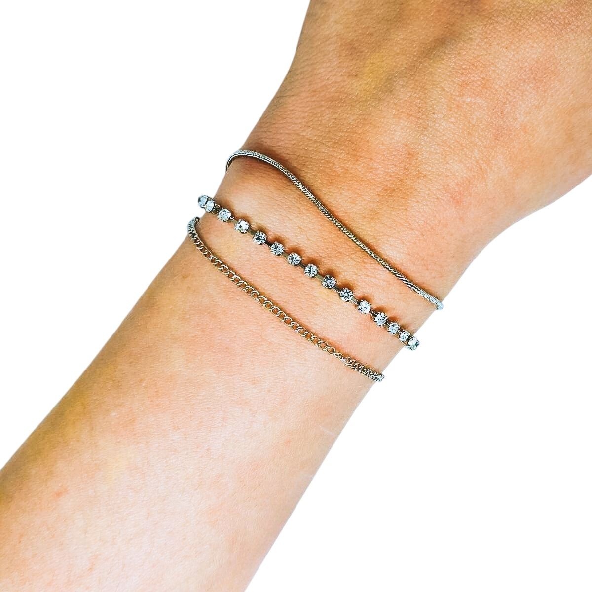 Pulseira Tripla Prata Strass