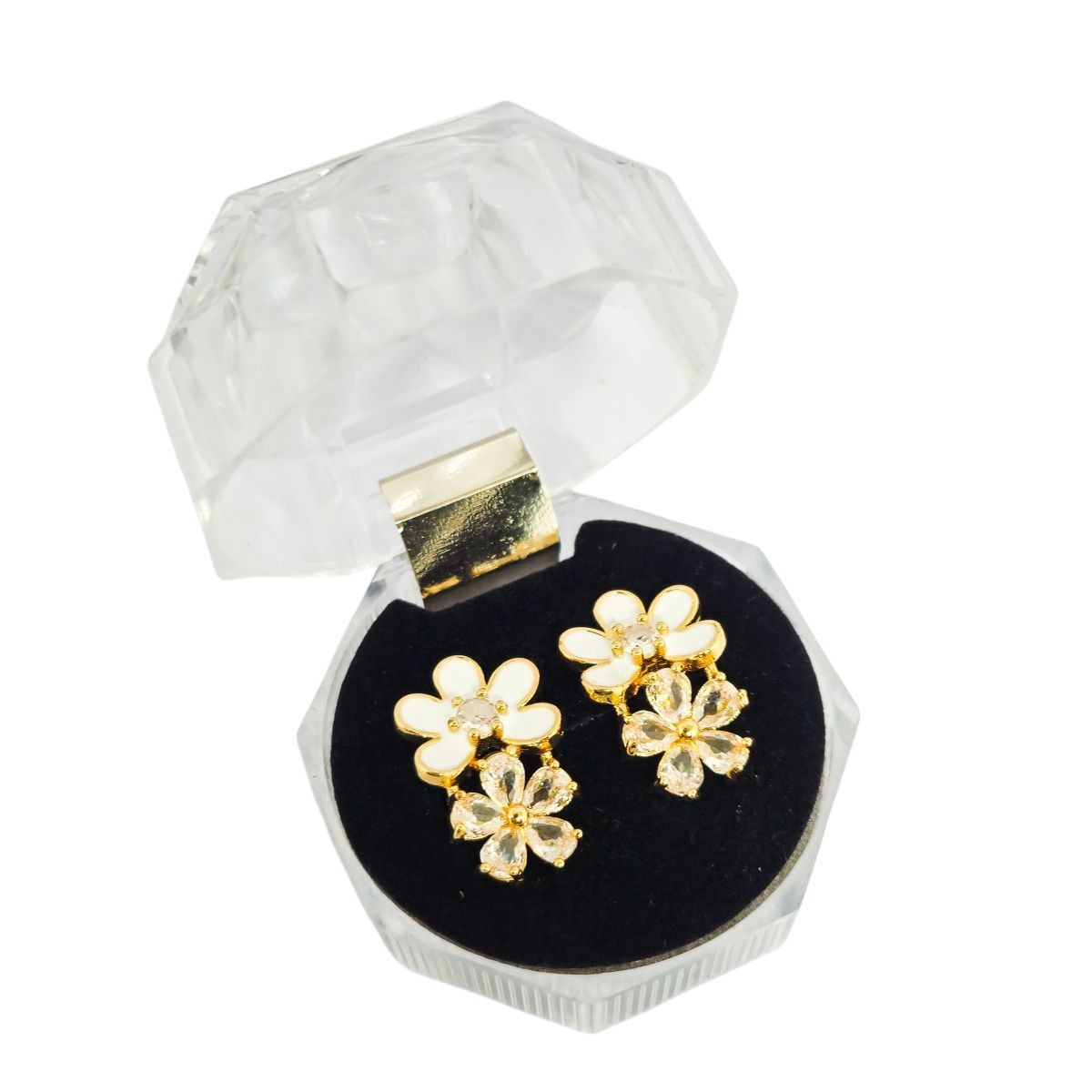 Brinco Flor Dupla Madrepérola e Cristais Dourado