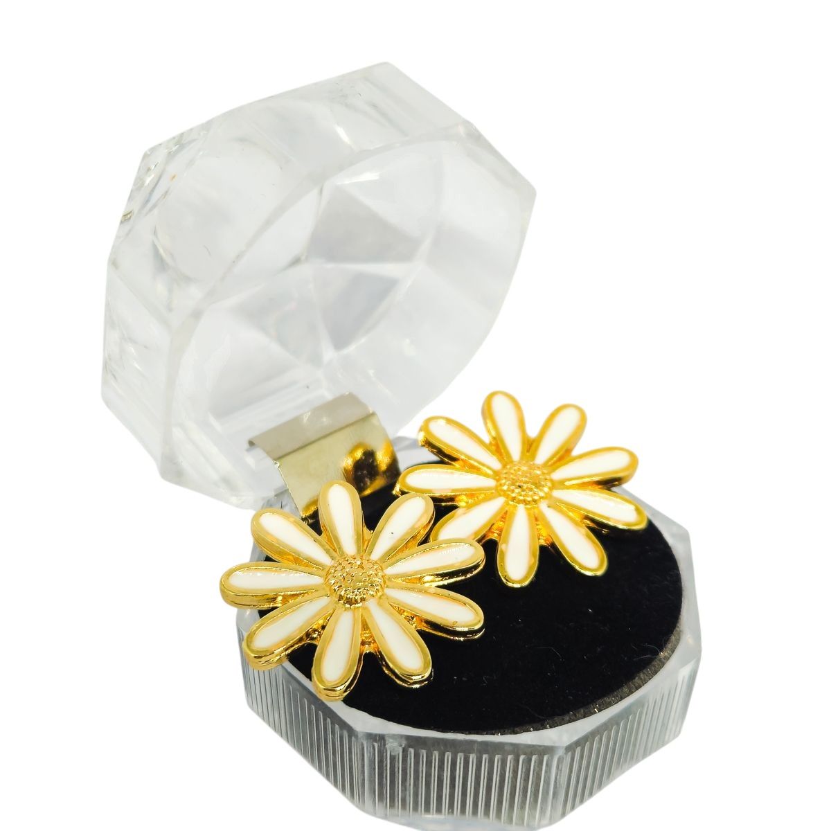 Brinco Flor Margarida Branco e Dourado