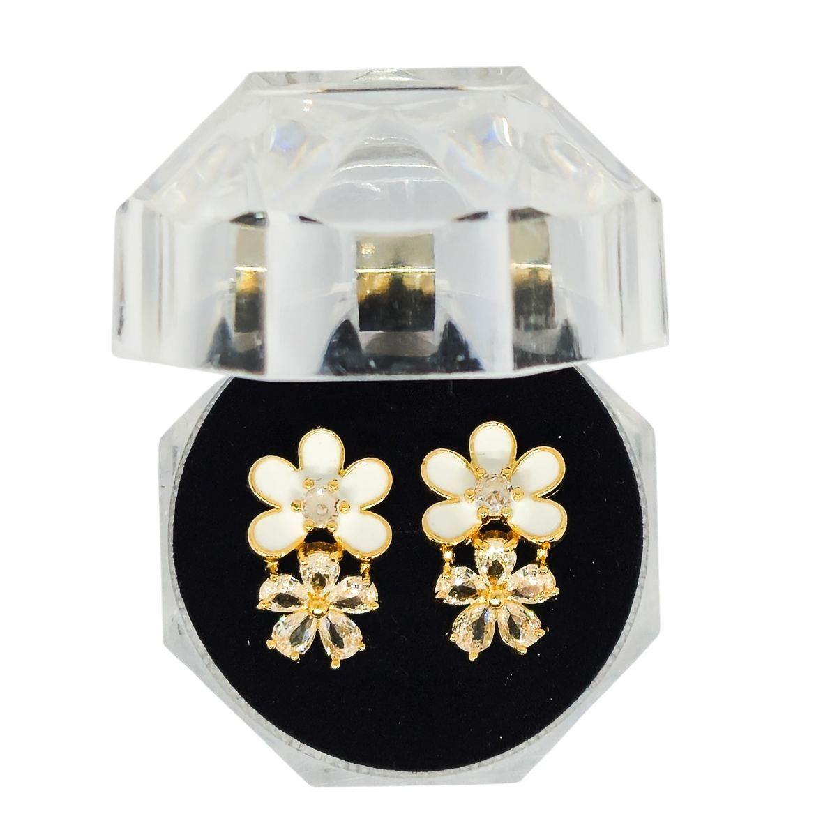 Brinco Flor Dupla Madrepérola e Cristais Dourado