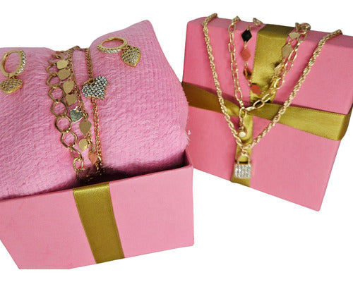 Kit Colar Triplo Cadeado Brinco E Pulseira Coração + Brinde
