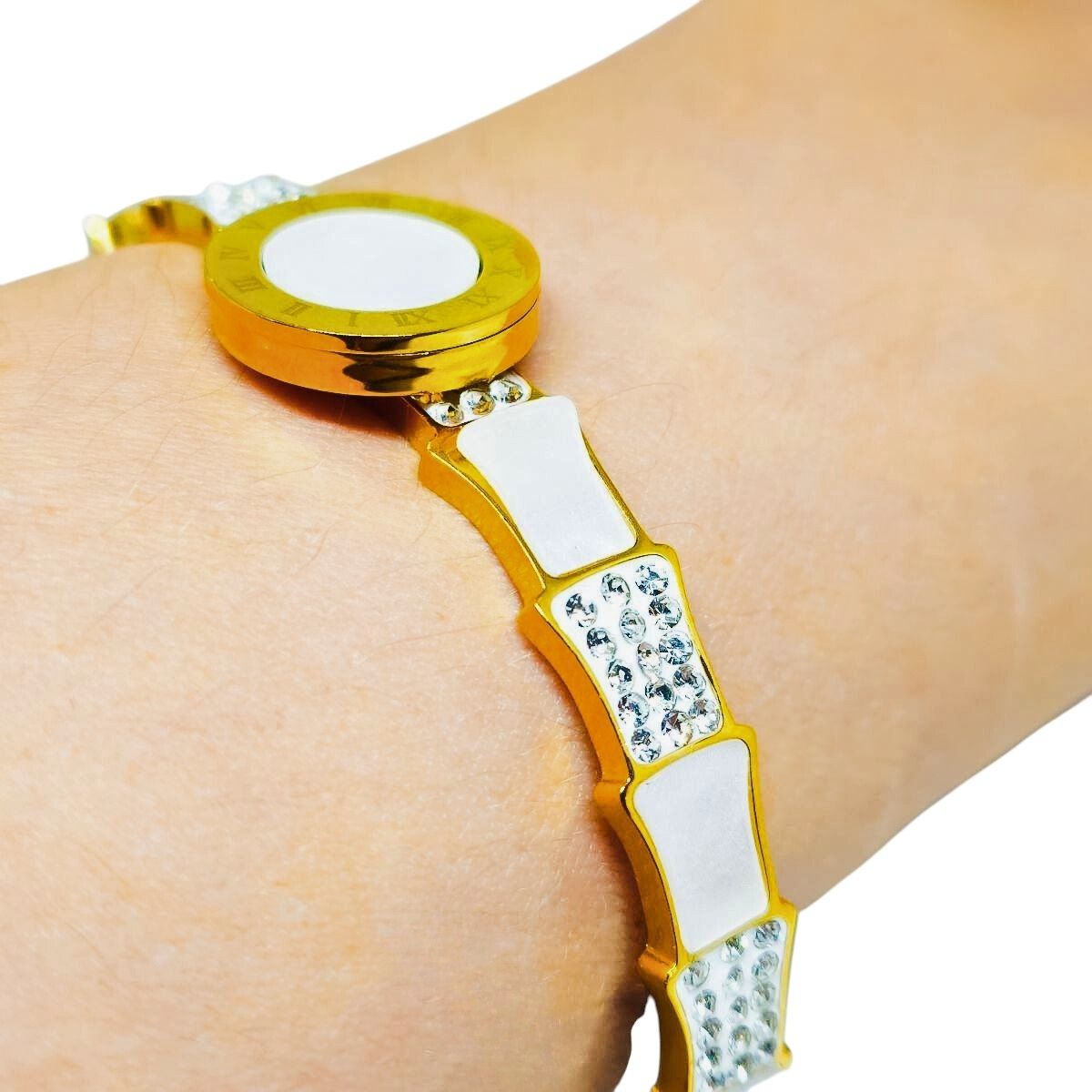 Bracelete Mostrador Romano Cravejado Luxo Caixa Premium