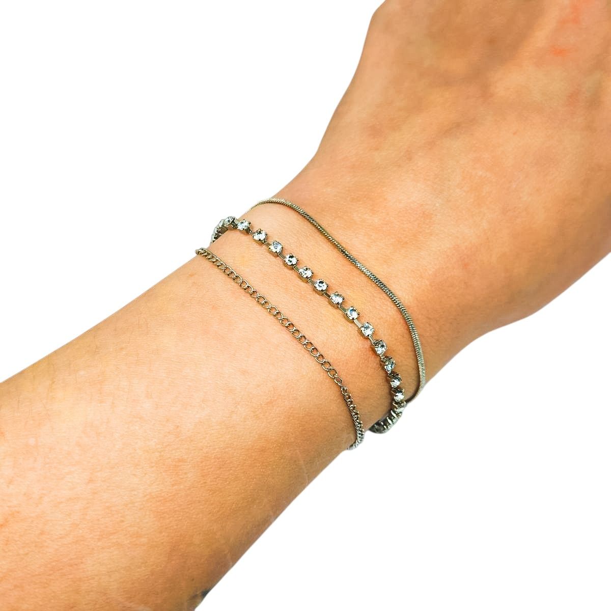 Pulseira Tripla Prata Strass