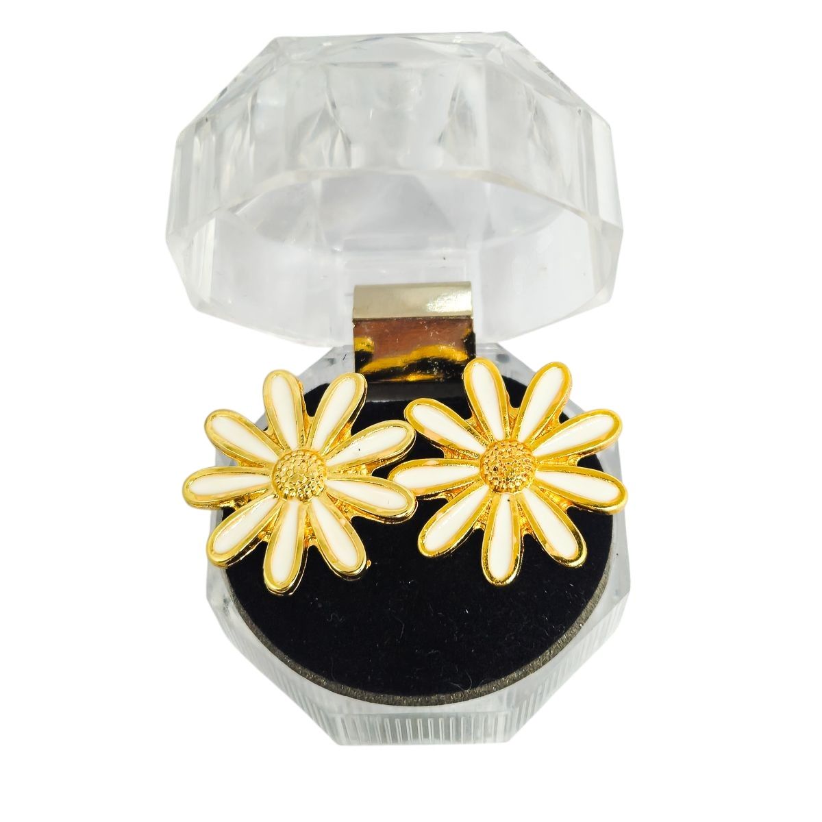 Brinco Flor Margarida Branco e Dourado