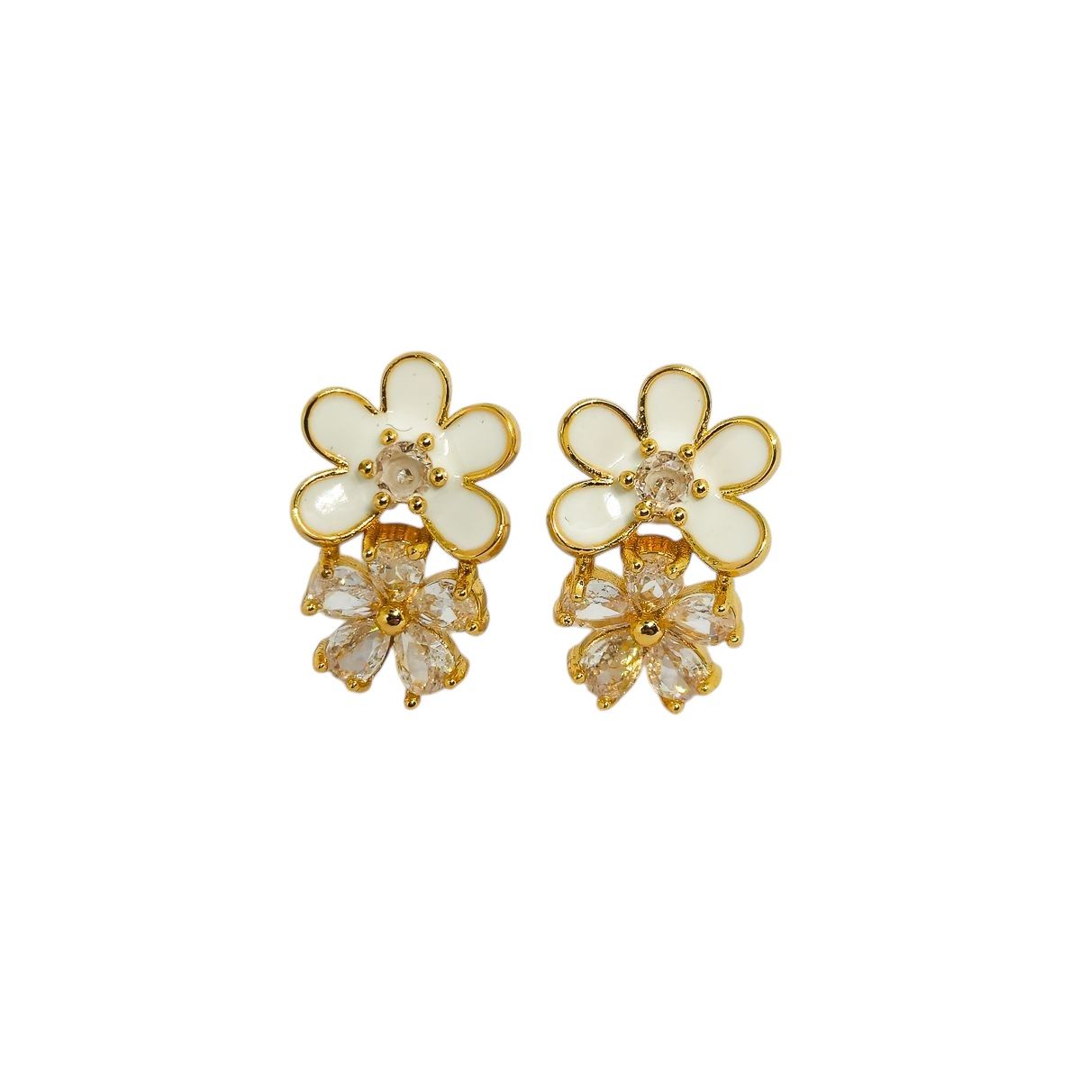 Brinco Flor Dupla Madrepérola e Cristais Dourado