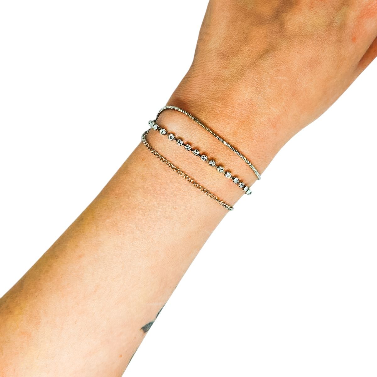 Pulseira Tripla Prata Strass