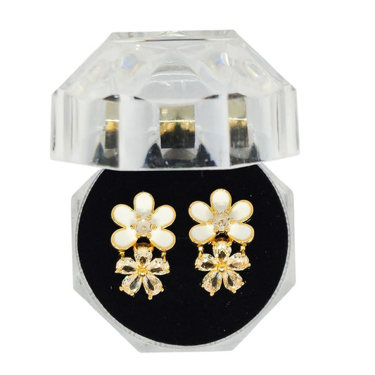 Brinco Flor Dupla Madrepérola e Cristais Dourado