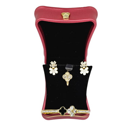 Kit Caixa Luxo Anel Brinco Pulseira Ouro Flor Trevo