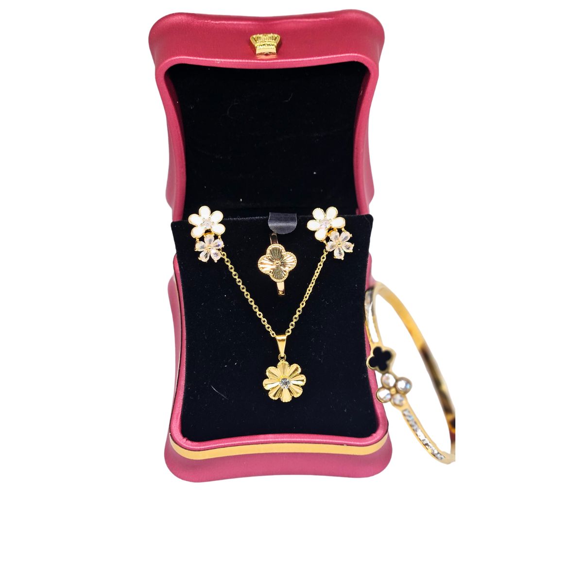 Conjunto Flor  Colar, Brinco, Anel e Pulseira Dourada