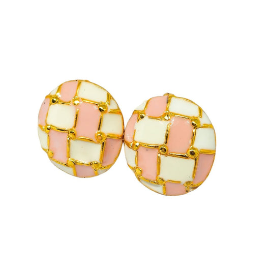 Brinco Redondo Quadriculado Rosa e Branco com Dourado
