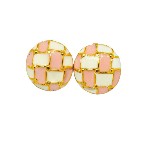 Brinco Redondo Quadriculado Rosa e Branco com Dourado