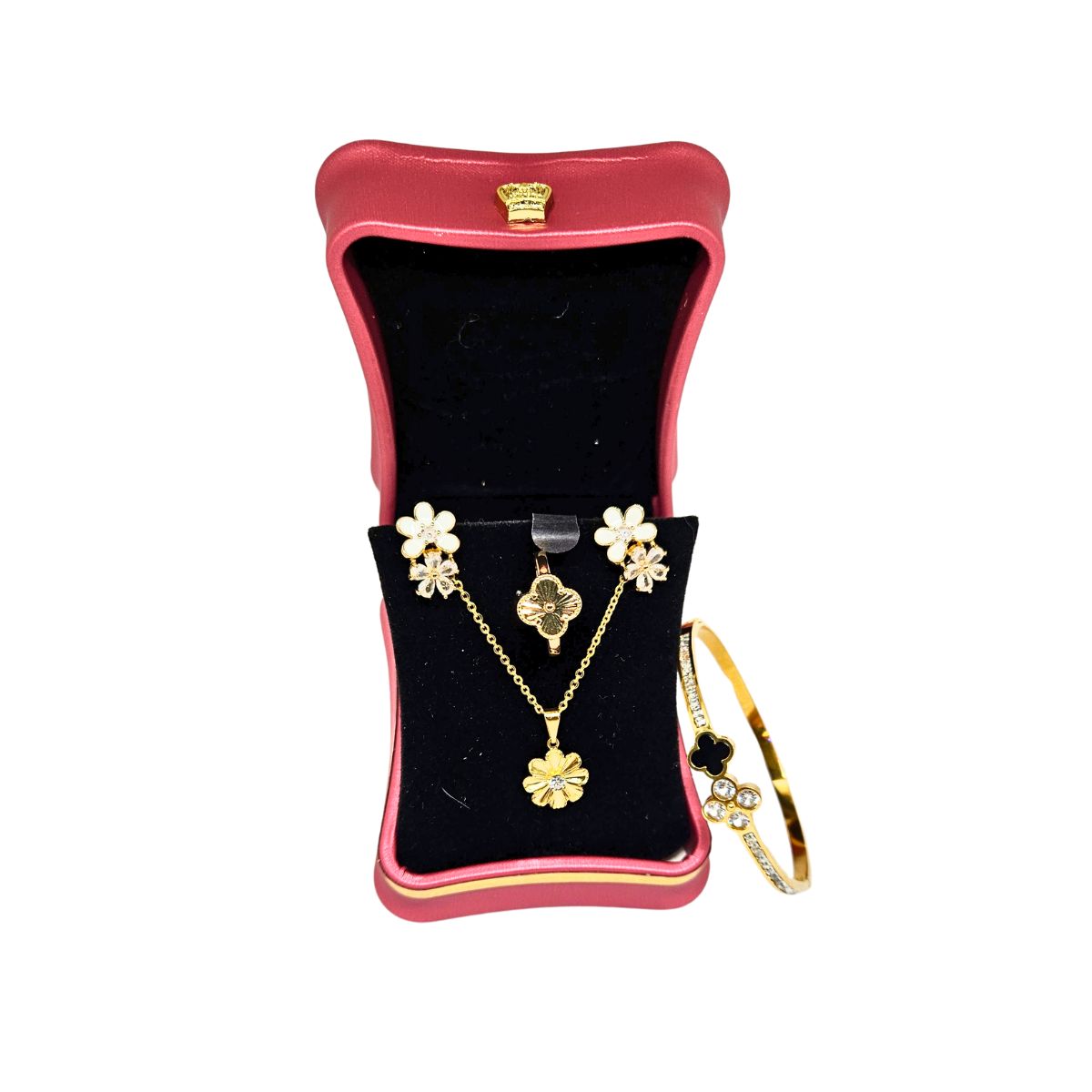 Conjunto Flor  Colar, Brinco, Anel e Pulseira Dourada